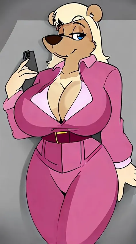 uploaded on e621, furry, anthro female bear, snout, flat shading, large breasts, retro <lora:Greg Panovich 99:1>