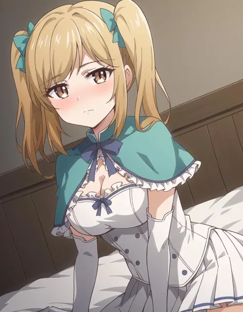score_9, score_8_up, score_7_up, source_anime,
yushia, <lora:yushia-ova-ponyxl-lora-nochekaiser:1>,
yushia, long hair, bangs, blonde hair, bow, twintails, brown eyes, hair bow, two side up,
capelet, blue capelet, dress, white dress, skirt, white skirt, pleated skirt, gloves, elbow gloves, white gloves, frills, cleavage,
indoors, bed, bed room, on side, blush, drunk,
solo, dutch angle, looking at viewer, cowboy shot,