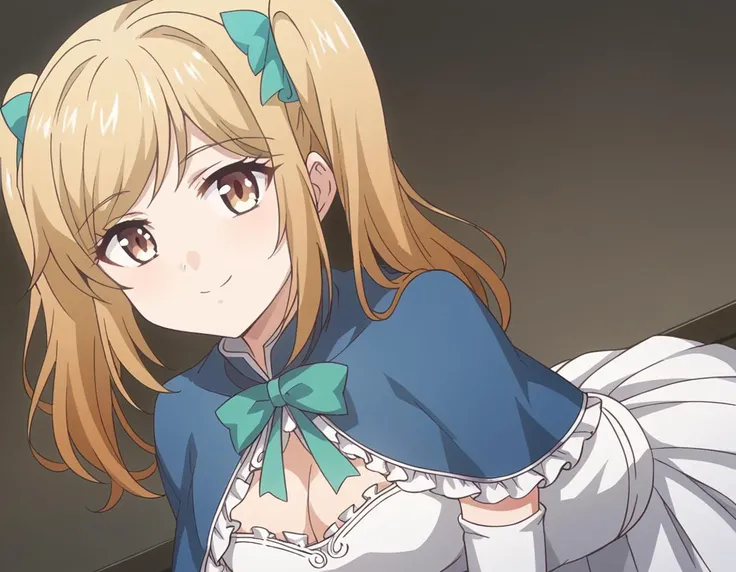 score_9, score_8_up, score_7_up, source_anime,
yushia, <lora:yushia-ova-ponyxl-lora-nochekaiser:1>,
yushia, long hair, bangs, blonde hair, bow, twintails, brown eyes, hair bow, two side up,
capelet, blue capelet, dress, white dress, skirt, white skirt, pleated skirt, gloves, elbow gloves, white gloves, frills, cleavage,
indoors, bent over, smile,
solo, dutch angle, looking at viewer, cowboy shot,