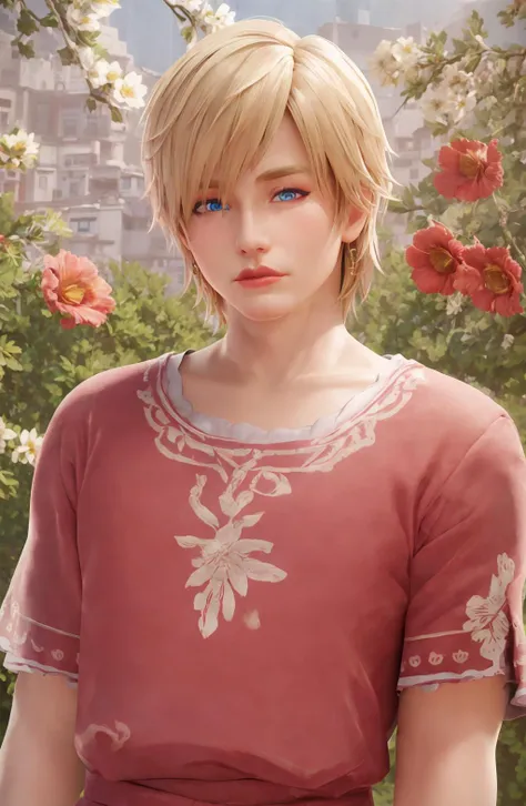 1boy, mature man, muscular male, detailed face+blue eyes:, nose, blonde hair, red lips, eyeliner, muscular, closed mouth, looking at viewer, short hair, Floral print blouse, outdoors, background: Paro Valley, Bhutan , (((upper body))),<lora:fugtrup Style:0.8>