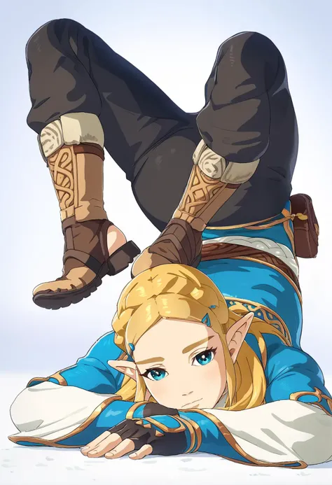 <lora:scorpion_pose_ponyxl_DoRA_v2:1>, scorpion pose, 1girl, solo, barefoot, feet, toes, top-down bottom-up, back, white background,
<lora:ZeldaXL-v2-07:0.8>, ChopioZelda, blonde hair, aqua eyes, pointy ears, looking at viewer, long hair, crown braid, sidelocks, parted bangs, hairclip, outfit_1, blue crop top, gold trim, white undershirt, breastplate, layered sleeves, brown sash, black gloves, fingerless gloves, black pants, knee boots, brown footwear pouch,
score_9, score_8_up, score_7_up, score_6_up, anime, rating_safe