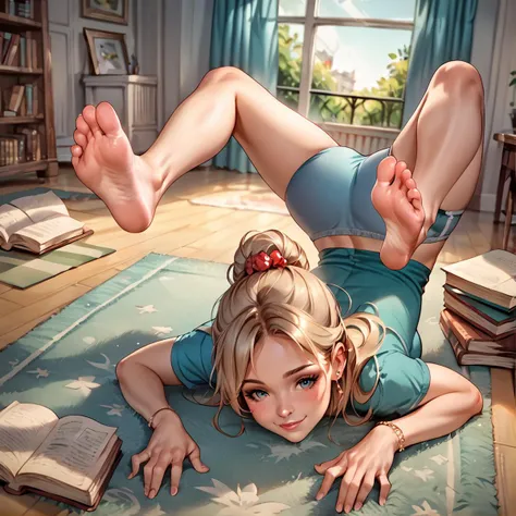 scorpion pose, 1girl, solo, barefoot, feet, (soles focus), top-down bottom-up, back, cute, quirky, bookish, adult, indoors, home, carpet, score_9, score_8_up, score_7_up, score_6_up <lora:scorpion_pose_ponyxl_DoRA_v2:1> <lora:add-detail-xl:1>