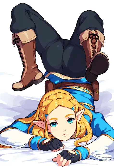 <lora:scorpion_pose_ponyxl_DoRA_v2:1>, scorpion pose, 1girl, solo, barefoot, feet, toes, top-down bottom-up, back, white background,
<lora:ZeldaXL-v2-07:0.8>, ChopioZelda, blonde hair, aqua eyes, pointy ears, looking at viewer, long hair, crown braid, sidelocks, parted bangs, hairclip, outfit_1, blue crop top, gold trim, white undershirt, breastplate, layered sleeves, brown sash, black gloves, fingerless gloves, black pants, knee boots, brown footwear pouch,
score_9, score_8_up, score_7_up, score_6_up, anime, rating_safe, pixel art