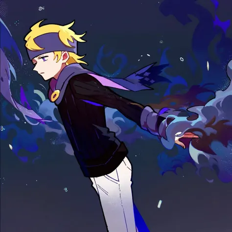 score_9, score_8_up, score_7_up, score_6_up, score_5_up, score_4_up, source_anime, solo, 1boy, blonde hair, purple eyes, purple headband, purple scarf, black sweater, ribbed sweater, white pants,