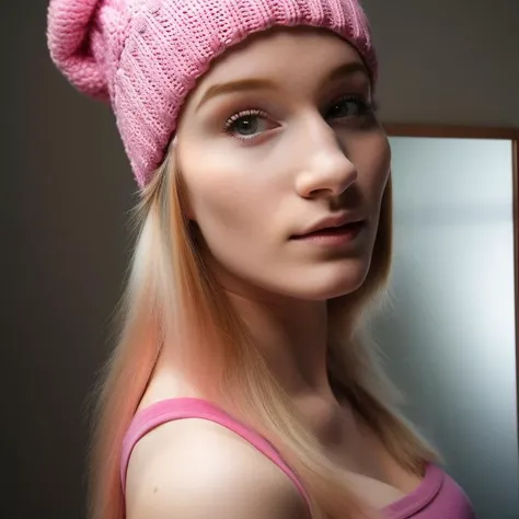 <lora:finnish_women_2000:1>, 25 year old woman pose mirror, pink beanie, pink shirt,
, 8k, RAW photo, portrait, best quality, ultra high res, photorealistic, ,