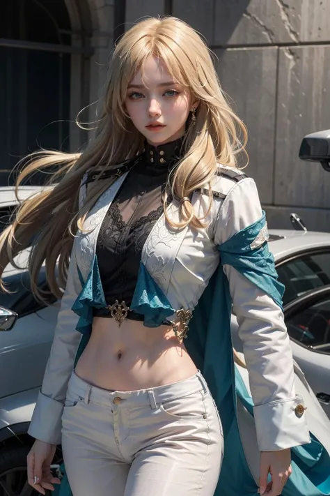 Ultra Detailed, 50mm, official art, unity 8k wallpaper, ultra detailed, aesthetic, masterpiece, best quality, photorealistic,
1girl, <lora:Luocha_fm_v11:0.9>, luocha, blonde hair, long hair,  white coat, black shirt, white pants, blue ascot, blue armband, blue vest, narrow waist, dynamic pose, dynamic angle
