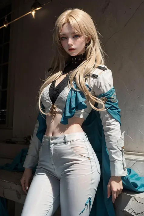 Ultra Detailed, 50mm, official art, unity 8k wallpaper, ultra detailed, aesthetic, masterpiece, best quality, photorealistic,
1girl, <lora:Luocha_fm_v11:1>, luocha, blonde hair, long hair, white coat, black shirt, white pants, blue ascot, blue armband, blue vest,