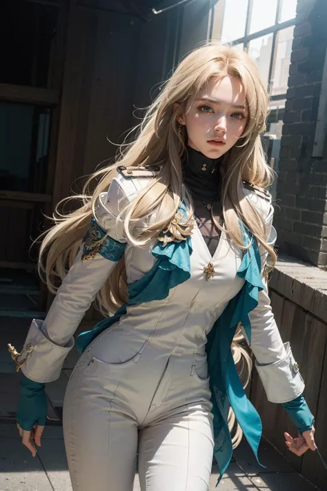 Ultra Detailed, 50mm, official art, unity 8k wallpaper, ultra detailed, aesthetic, masterpiece, best quality, photorealistic,
1girl, <lora:Luocha_fm_v11:1>, luocha, blonde hair, long hair, white coat, black shirt, white pants, blue ascot, blue armband, blue vest, black gloves, dynamic pose, dynamic angle