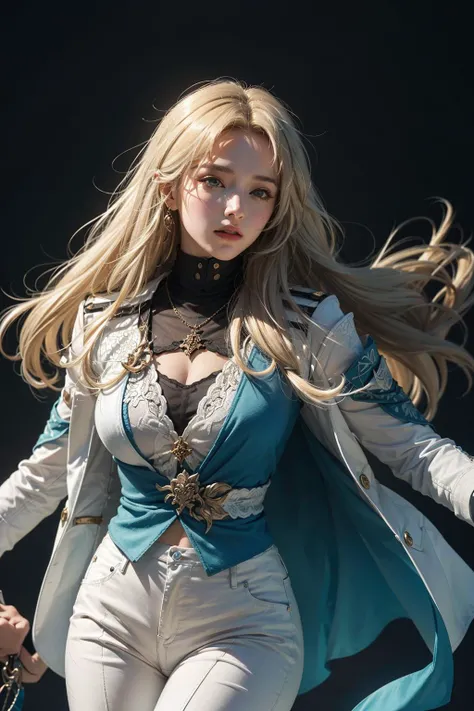 Ultra Detailed, 50mm, official art, unity 8k wallpaper, ultra detailed, aesthetic, masterpiece, best quality, photorealistic,
1girl, <lora:Luocha_fm_v11:0.9>, luocha, blonde hair, long hair, white coat, black shirt, white pants, blue ascot, blue armband, blue vest, dynamic pose, dynamic angle