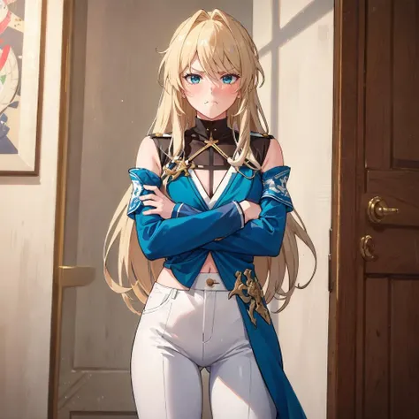 (masterpiece,best quality:1.5), (1 girl, nude:1.2), (pouting, sulking:1.3), (cross her arms:1.2), <lora:Waifu_pouting-000002:0.35>, <lora:Luocha_fm_v11:0.7>, luocha, blonde hair, long hair, white pants, blue ascot, blue armband