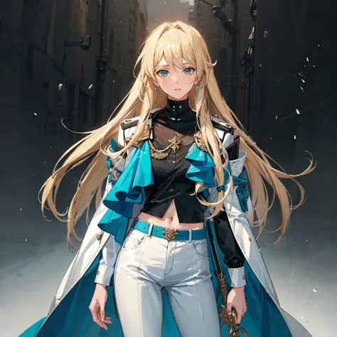 (masterpiece,best quality:1.5), 1 girl, <lora:Luocha_fm_v11:0.9>, luocha, blonde hair, long hair, white coat, black shirt, white pants, blue ascot, blue armband, blue vest, narrow waist