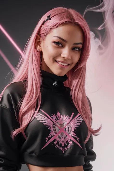 DV_Pinky_Vicious ((Black Theme, Black backdrop:1.4)) (Close-Up Shot, headshot:1.4) (Pink hair :1.4)wearing (Black sweatshirt :1.4) 35mm, F/2.8 ((Photo Focus, DOF, Aperture, insanely detailed and intricate, character, hypermaximalist, elegant, ornate, beautiful, exotic, revealing, appealing, attractive, amative, hyper realistic, super detailed, heresy flares)) (smiling at viewer:1.3)(volumetric pink smoke:1.3) (pink lens flare:1.2)(sharpness:1.3)(details:1.3)