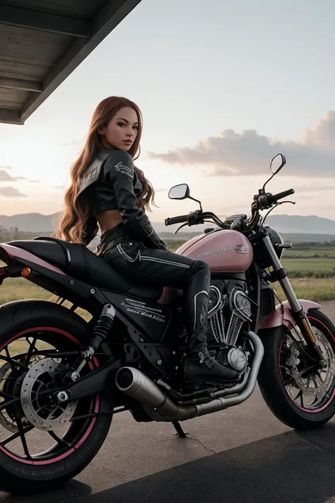 ((CINEMATIC SHOT)) DV_Pinky_Vicious has long pink curly hair on a motorbike riding on an air field into the sunset, wearing biker gear, (shot by Zack Snyder:1.2), 35mm, F/2.8, insanely detailed and intricate, character, hypermaximalist, elegant, ornate, beautiful, exotic, revealing, appealing, attractive, amative, hyper realistic, super detailed, trending on flickr