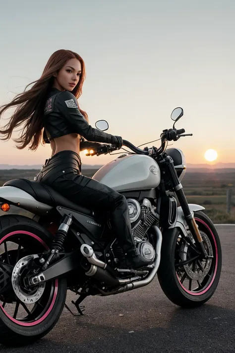 ((CINEMATIC SHOT)) DV_Pinky_Vicious has long pink curly hair on a motorbike riding on an air field into the sunset, wearing biker gear, (shot by Zack Snyder:1.2), 35mm, F/2.8, insanely detailed and intricate, character, hypermaximalist, elegant, ornate, beautiful, exotic, revealing, appealing, attractive, amative, hyper realistic, super detailed, trending on flickr