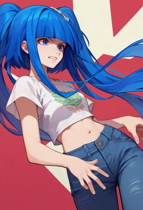 score_9, score_8_up, score_7_up, source_anime, 1girl, furudo erika, blue hair, blue eyes, twintails, crop top, jeans, <lora:Furudo Erica1-000012:1>