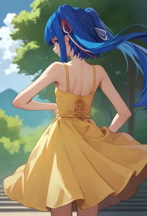 score_9, score_8_up, score_7_up, source_anime, 1girl, furudo erika, blue hair, blue eyes, twintails, yellow sundress, from behind, outdoors, <lora:Furudo Erica1-000012:1>