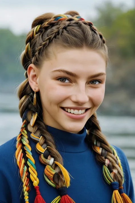(folk art style, vibrant, patterned, cultural, highly detailed:1.15), <lora:sd15_TessaGreiner_locon_24_v1-000015:1> TessaGreiner, focus on eyes, close up on face, huge smile, hair styled as waterfall braid, ND filter