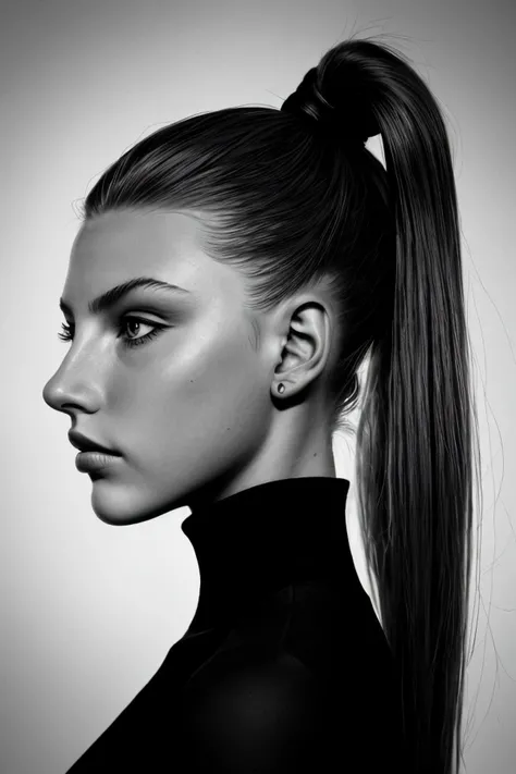 (shadow art style, silhouette, monochrome, contrast, detailed:1.15), close range of <lora:sd15_TessaGreiner_locon_24_v1-000015:1> TessaGreiner, focus on face, side view wearing a pencil dress , her hair is styled as cascading ponytail,