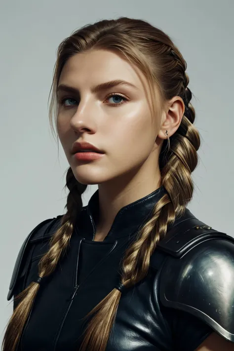 (style of Sebastien Hue:1.15), headshot of <lora:sd15_TessaGreiner_locon_24_v1-000015:1> TessaGreiner, focus on face, wearing leather armor , her hair is styled as side braid,