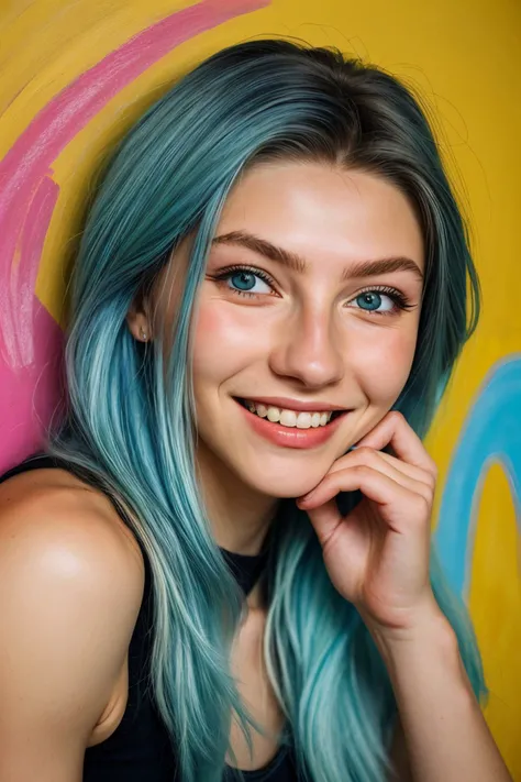 (chalk art style, textured, vibrant, hand-drawn, detailed:1.15), <lora:sd15_TessaGreiner_locon_24_v1-000015:1> TessaGreiner, focus on eyes, close up on face, smile, Steel Blue hair styled as deep side part hair, vignette