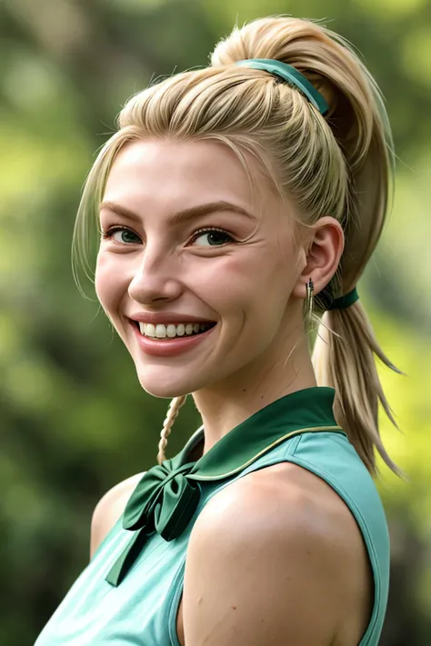 (long shot:1.4), realistic photo of <lora:sd15_TessaGreiner_locon_24_v1-000015:1> TessaGreiner, laughing, mossy color hair styled as bow ponytail