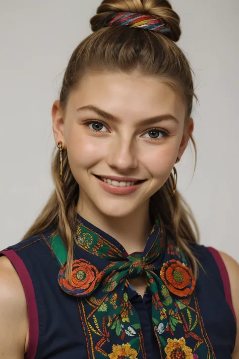 (folk art style, vibrant, patterned, cultural, highly detailed:1.15), <lora:sd15_TessaGreiner_locon_24_v1-000015:1> TessaGreiner, focus on eyes, close up on face, smile, wearing jewelry, spring color hair styled as knot bun hair,
