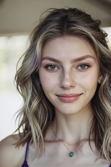 realistic photo of <lora:sd15_TessaGreiner_locon_24_v1:1> TessaGreiner, focus on eyes, close up on face, smile, wearing jewelry, pale purple color hair styled as messy hair, ND filter