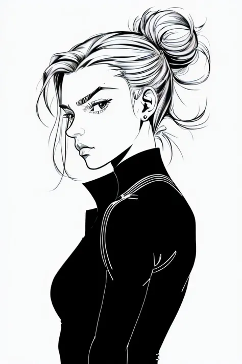 ((line art drawing:1.2), professional, sleek, modern, minimalist, graphic, line art, vector graphics, <lora:lineart2:1.35> Lineart flat colors:1.15), (medium shot:1.4), <lora:sd15_TessaGreiner_locon_24_v1-000015:1> TessaGreiner, pouting, hair styled as messy bun