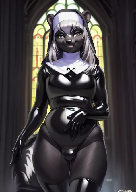 A feminine black jackal with large breasts posing seductively in a wedding chappel at the alter while presenting their feminine body in a wedding dress with a white bikini and their large penis shaped buldge, bulge, buldge, penis outline, huge bulge, penis shaped bulge, genital focus, Masterpiece, highly detailed image, highly detailed genitalia, 4k, 4k resolution, black penis+, penis base, big testicles, by Truegrave9, by Virtyalfobo, by Chunie, by Clockhands, thick theighs+, inviting, inviting viewer, solo, long tail, fluffy tail, looking pleasured+, looking at viewer, feminine, plain background+, seductive, bubblebutt, big butt, abs, thin waist, presenting, black skin+, ebony skin+, smug, breasts, tits, long flowing black hair, 