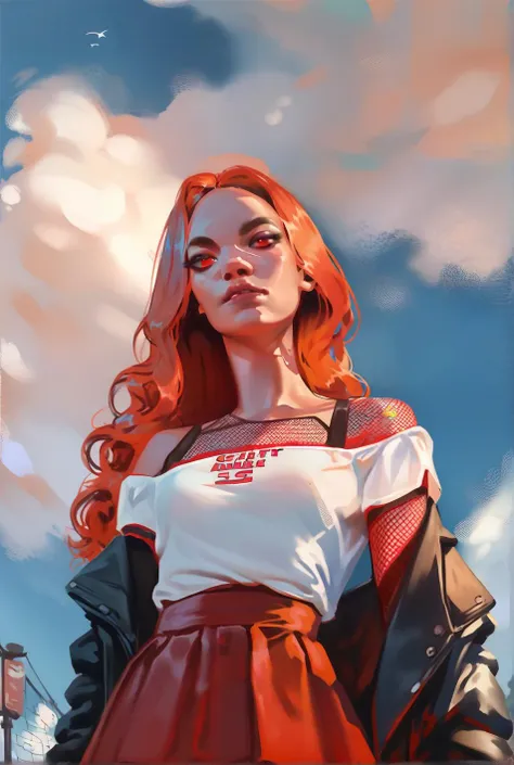 long strawberry_blonde hair smile thighhighs red_skirt floral_white_offshoulder_tshirt trash dump dust atmosphere dark running crepuscular rays