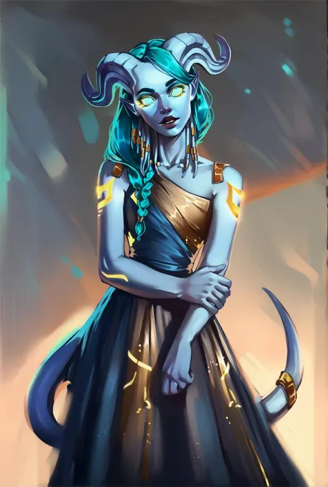 score_9,score_8_up,score_7_up,score_6_up,score_5_up,score_4_up rating_safe, head tilt, aquamarine eyes, fuchsia hair, lightforged draenei, maxi dress, fishtail braid, <lora:KostV2:0.8> Kost Style