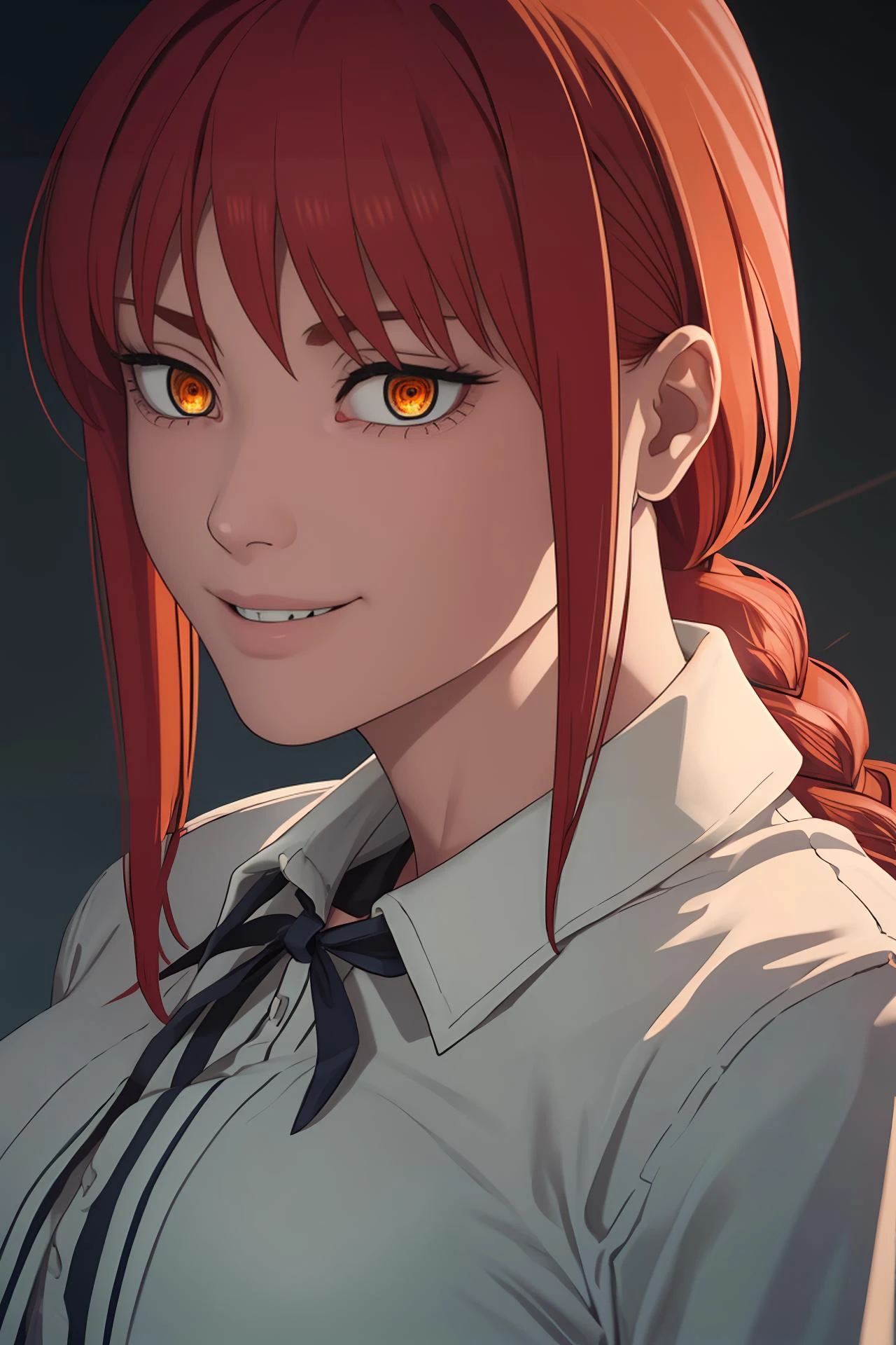 photorealistic, octane render, best quality, looking at viewer, sharp focus, 8k, 4k, Masterpiece, Best Quality, realistic skin texture, extremely detailed, intricate, hyper detailed, illustration, soft lighting, high resolution, sharp detail, <lora:KobeniMakimaAndPowerV1.5:0.8> makima, red hair, orange eyes, white blouse, big boobs, devilish grin