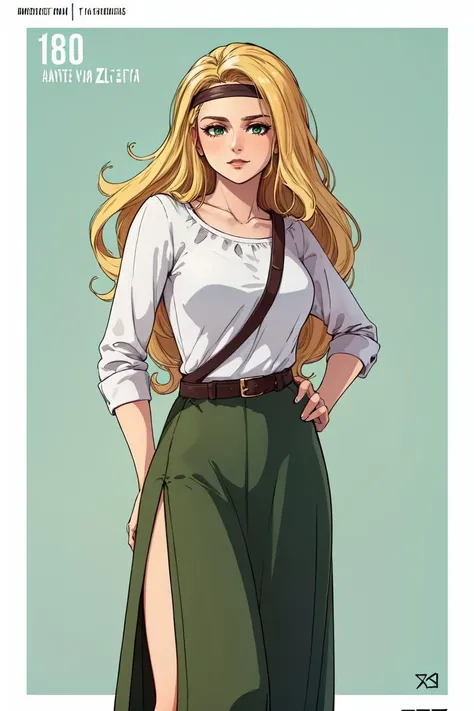 zantiya, 1girl, solo, brown hair, copyright name, headband, long skirt <lora:zantiya:0.6>
blonde hair, long hair, green eyes, belt,  side slit
retro style, 80s style