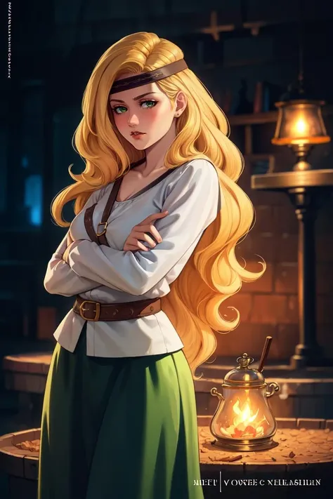 zantiya, 1girl, solo, brown hair, copyright name, headband, long skirt <lora:zantiya:0.6>
blonde hair, long hair, green eyes, belt, side slit,
retro style, 80s style