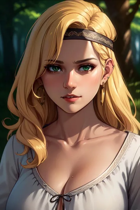 zantiya, 1girl, solo, blonde hair, green eyes, looking at viewer, smug, nature, cleavage, collarbone, earrings, upper body, headband <lora:zantiya:0.55>, (intricate details:0.9), (hdr, hyperdetailed:1.2), art by greg rutkowski and artgerm, soft cinematic light, adobe lightroom, photolab, hdr, intricate, highly detailed, (depth of field:1.4)