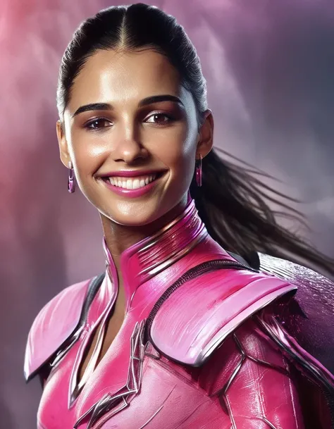 <lora:nmsctt-000008:1> raw portrait photo of nmsctt woman, as the Pink Power Ranger, smiling, cinematic lighting