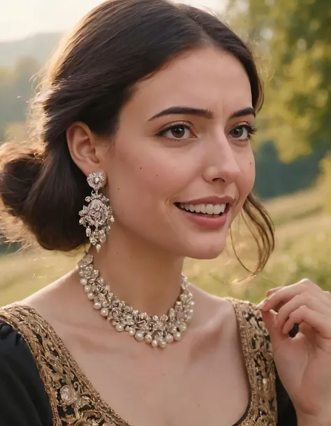 In this beautifully captured scene at a picturesque gabschase location, the woman with long, dark tresses and a mysterious mole on her left cheek, wearing a striking attire that accentuates her elegant stature, stands gracefully while gazing into the distance with her brown eyes, showcasing her pearly white teeth; her delicate, yet captivating presence is enriched by an intricate pair of earrings that glint in the sun. <lora:nnrlsi18e8f2fb849o16:1>