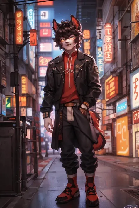 (by honovy, by personalami, by patto), male, solo, felid, cat, clothed, streetwear, aak (arknights), tokyo, night, street, akihabara, neon lights