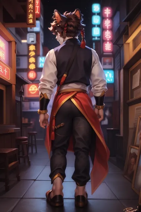 (by honovy, by personalami, by by null-ghost), aak (arknights), male, solo, felid, safe, amulet, anthro, asian clothing, bottomwear, braided hair, clothing, ear piercing, ear ring, east asian clothing, tokyo, street, neon lights, rear view, tail