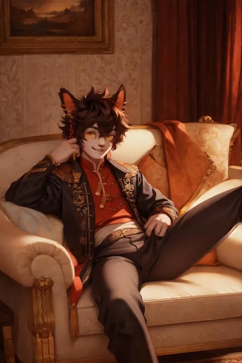(fluffy anthro furry :1.6), ,cat boy,dark brown long hair,wavy hair,blue eyes,gold fur,gold fox ears,neck fur,pubic fur,armpits fur,ultra detailed fur,complety naked,,small bell collar,flower hair ornament,in round couch,luxury living room,golden sun light,long window.full face blush,very hot,shy face,:3,looking at viewer,upper body only,high angle, squirting, cum, dick,,dildo, sex,