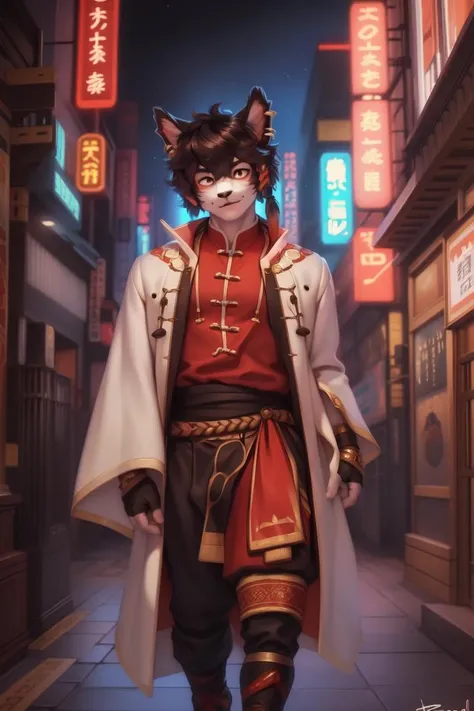 (by honovy, by personalami, by by null-ghost), aak (arknights), male, solo, felid, safe, amulet, anthro, asian clothing, bottomwear, braided hair, clothing, ear piercing, ear ring, east asian clothing, tokyo, street, neon lights