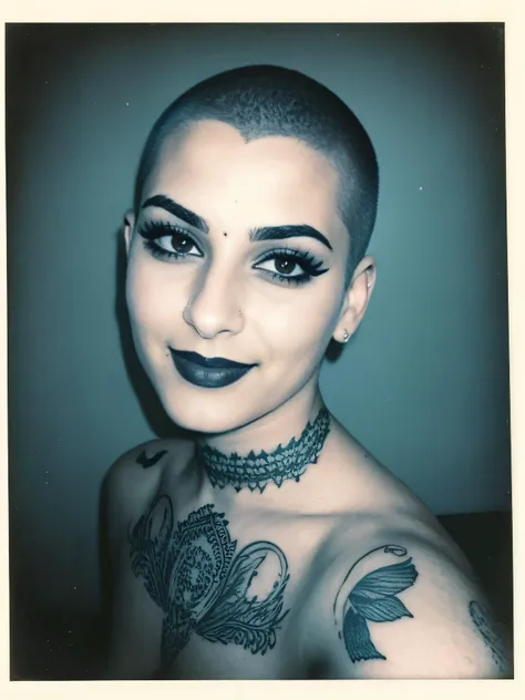 grainy vintage low res faded polaroid selfie photo, 27 year old desi woman, solo, buzz cut,soft skin, dark eye_makeup, smiling, eyeliner, emo, emo makeup, goth, tattoos, anatomically accurate <lora:Desi_Coffee_V3_SD15_LoRA_prodigy_local_regs:0.8>