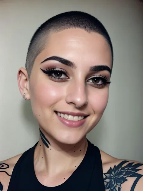 grainy vintage low res faded polaroid selfie photo, 27 year old desilatte woman, solo, buzz cut,soft skin, dark eye_makeup, smiling, eyeliner, emo, emo makeup, goth, tattoos, anatomically accurate <lora:Desi_Coffee_V3_SD15_LoRA_prodigy_local_regs:0.8>