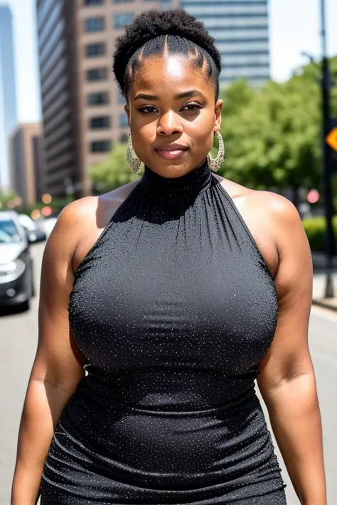 (raw, 8k, best quality, masterpiece,highly detailed, dynamic:1.3), 18 years old, 1girl, gorgeous woman, African American, (thicc|fit body), (posing in exquisite dress, elegant beauty, high neck dress, sleeveless, elegant jewelry), (large breasts, braless:1.2), beautiful face, detailed skin, dynamic natural light, downtown, ((bokeh))