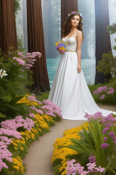 1girl, masterpiece VRay, hyper detailed, landscape of a ([The Redwood Forest|Beach]:1.3) in the distance there is The Land of the Dead in Hades, it is very Selfish and [Impressionist:Swirling:16], Bohemian lake with Pots with flowers, Raining, detailed, masterpiece, Shameless, Impasto, Sun Rays, Depth of field 100mm, One Color, dark blue dust particles, vintage, most beautiful artwork in the world, RTX