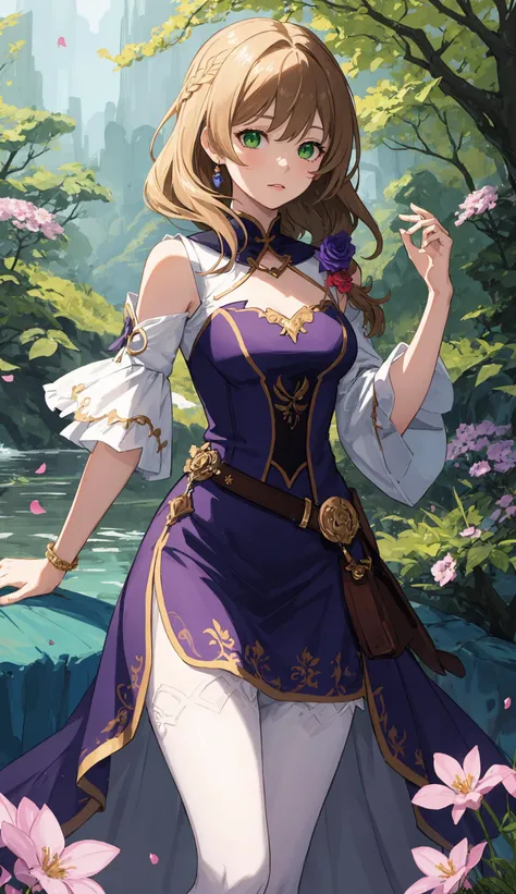 an adult woman, lightbrown hair, braid, [green eyes :: 2], [lace shorts :: 6], purple dress, purple stockings, lisadef, medium breast, wide hips, medium shot, <lora:genshinfull1:0.8>,  flowers and petals, (illustration:1.1), (perfect details:1.1), landscape, forest background
BREAK green eyes
