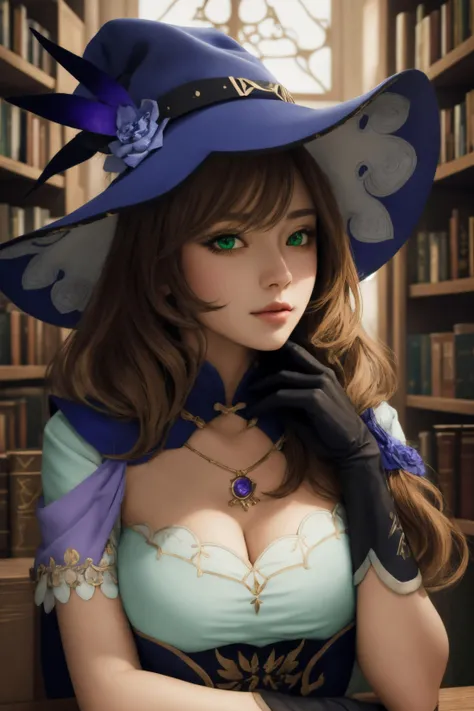 best quality, art style, (masterpiece), <lora:lisa1:1>, lisadef, green large eyes, looking at viewer, flighty, beautifully lit, library, upper body, close up
