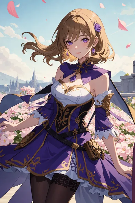 an adult woman, lightbrown hair, [green eyes :: 2], [lace shorts :: 6], purple dress, purple stockings, tabard, lisadef, medium breast, medium shot, <lora:genshinfull1:0.8>, flowers and petals, (illustration:1.1), (perfect details:1.1), landscape, background