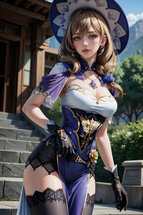 thick outlines, comics, photorealistic, perfect hands, masterpiece, best quality, ultra detailed, detailed face, 1girl, lisadef, cowboy shot, short smile, blush, short hair, looking at viewer, facing viewer, (standing straight-on:1.2), outdoors, sky, temple, stairs, mountain, moody lighting, east asian architecture, village, realistic, photo \(medium\), photo background, realistic skin texture, detailed background, beautiful and detailed artwork, <lora:add_detail:0.8> <lora:lisa1:0.95>