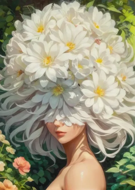 artistic portrait woman, looking at the viewer, (flowerhead:1.4), beautiful long white abstract hairstyle, lips, vintage clothes, strange, oil painting, beautiful garden flowers, colorful vibrant, (vibrant light:1.4), (shadow detailed:1.2), (highly detailed:1.4), anime style, speed art, abstract artistic brush strokes, (beautiful and aesthetic:1.4), masterpiece, realistic surrealist, (surrealist artistic work:1.4), (fisheye:1.6) <lora:Flower.Head:1.50>